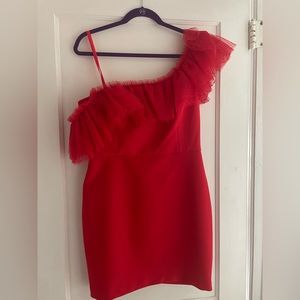 NWT BCBGMAXAZRIA One Shoulder Jewel Red Mini Dress